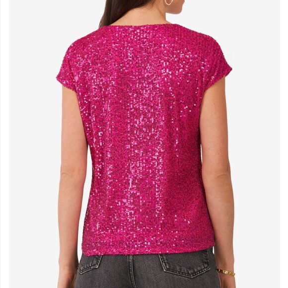 NWT pink sequin v-neck top, Large. - Picture 2 of 5